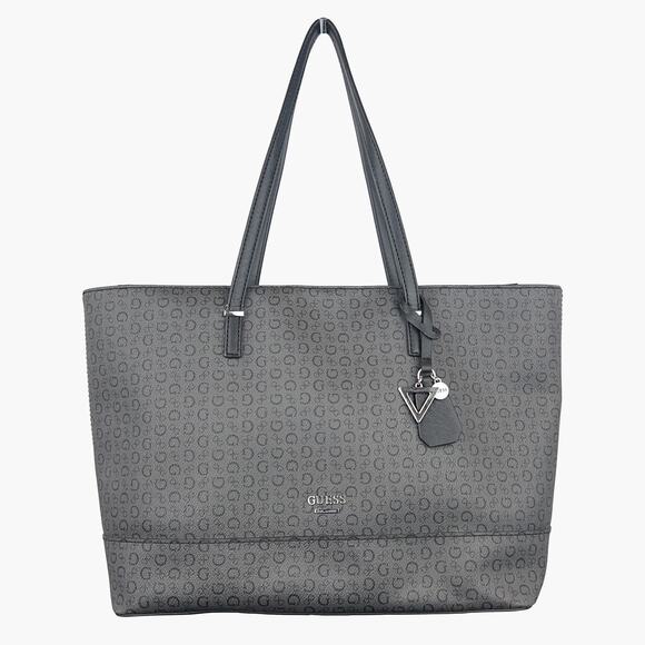 Guess Handbags - GUESS Clarke Signature Logo Faux Leather Tote Shopper Bag (Charcoal)